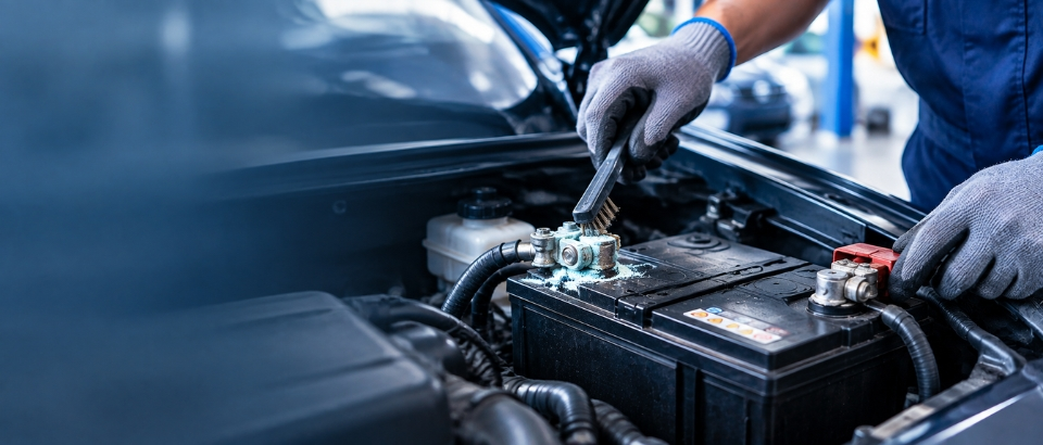 Mechanic cleaning corroded car battery terminal