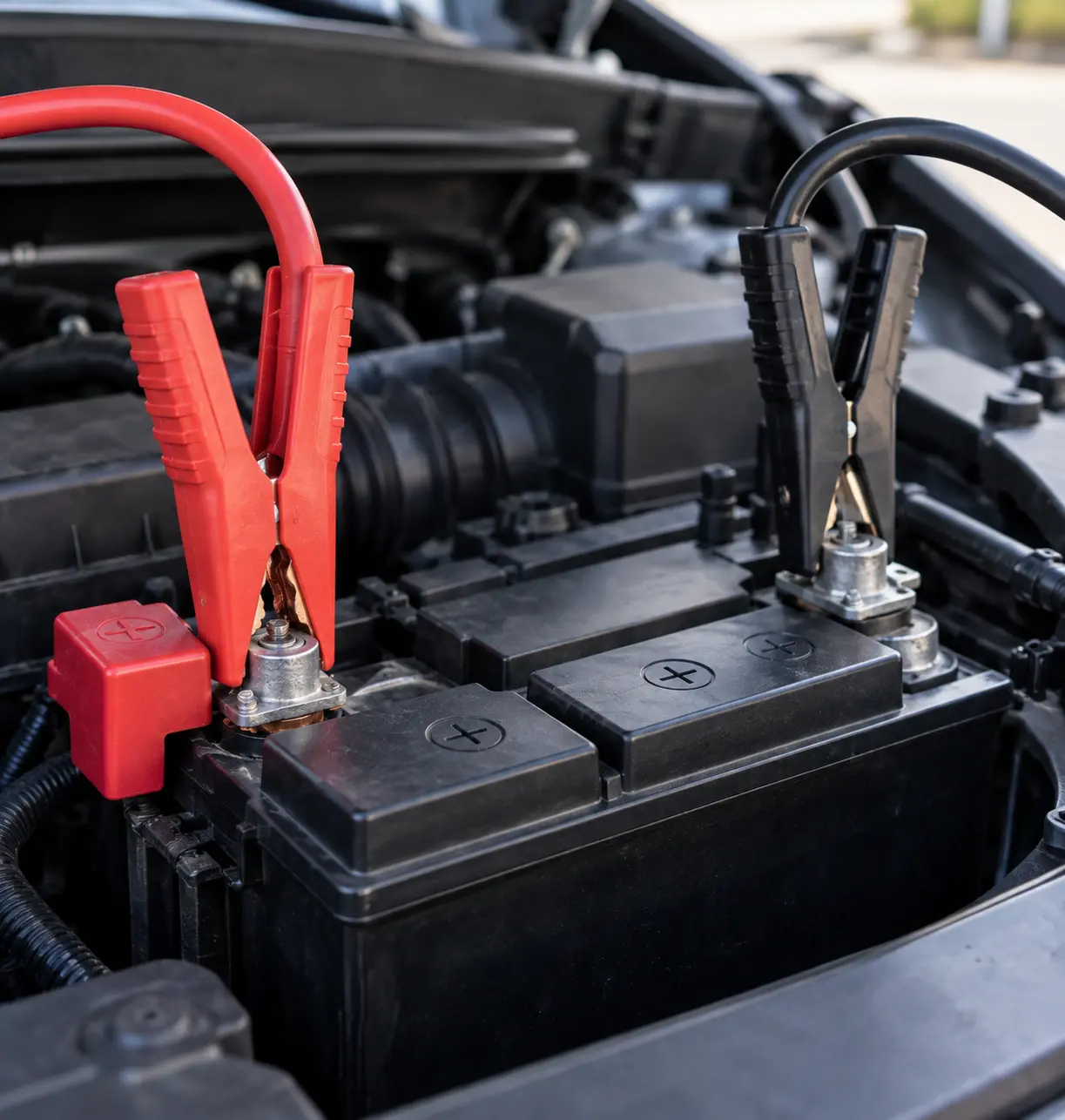 Technician giving a car battery jump start in Singapore