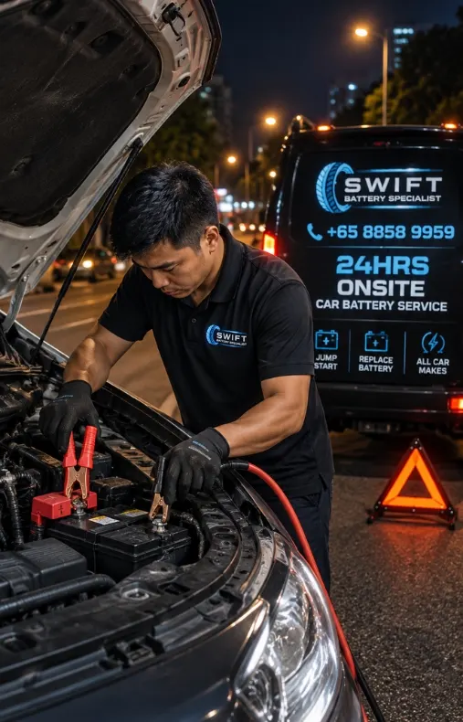 Technician giving a car battery jump start in Singapore